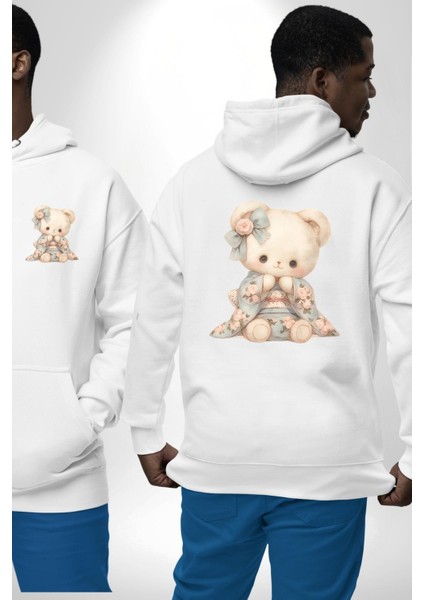 Sevimli Kimonolu Ayıcık Beyaz Kapüşonlu Sweatshirt Kadın Erkek Ön Minimal Sırt Baskılı