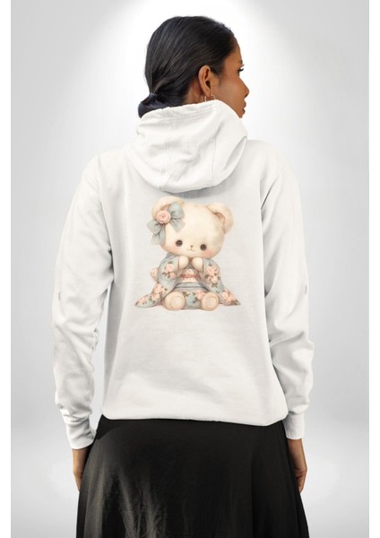 Sevimli Kimonolu Ayıcık Beyaz Kapüşonlu Sweatshirt Kadın Erkek Ön Minimal Sırt Baskılı modelleri
