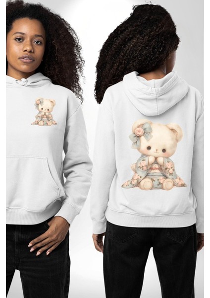 Sevimli Kimonolu Ayıcık Beyaz Kapüşonlu Sweatshirt Kadın Erkek Ön Minimal Sırt Baskılı fırsatları