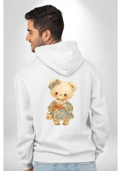 Çiçek Desenli Elbiseli Ayıcık Beyaz Kapüşonlu Sweatshirt Kadın Erkek Ön Minimal Sırt Baskılı modelleri