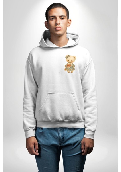 Çiçek Desenli Elbiseli Ayıcık Beyaz Kapüşonlu Sweatshirt Kadın Erkek Ön Minimal Sırt Baskılı indirimleri
