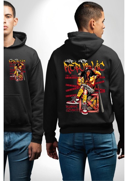 Hip-Hop Tarzı ile Sokak Stili Siyah Kapüşonlu Sweatshirt Kadın Erkek Ön Minimal Sırt Baskılı