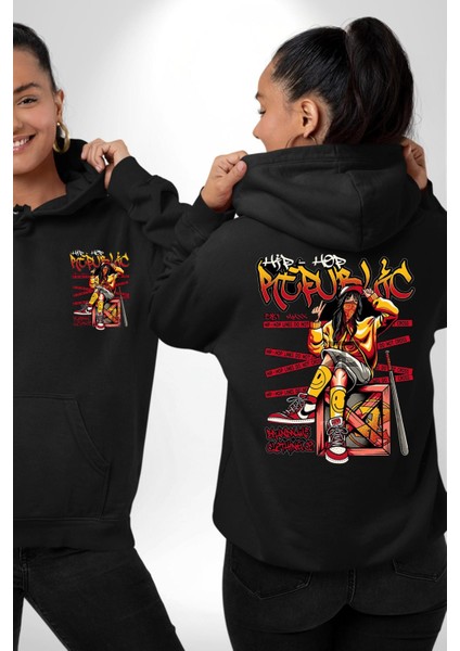 Hip-Hop Tarzı ile Sokak Stili Siyah Kapüşonlu Sweatshirt Kadın Erkek Ön Minimal Sırt Baskılı fırsatları