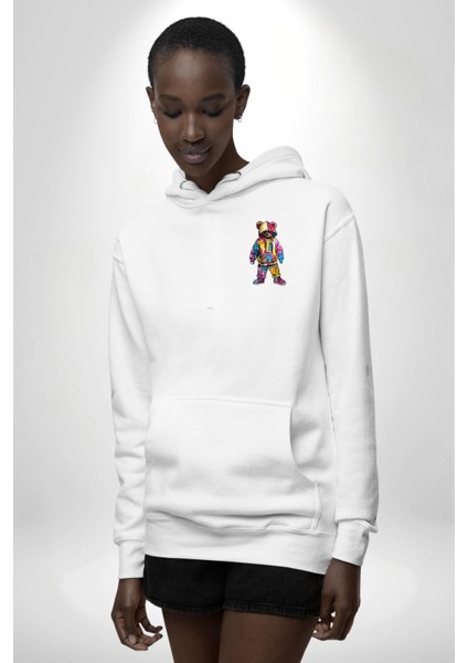 Color Splash Urban Vibes Teddy Beyaz Kapüşonlu Sweatshirt Kadın Erkek Ön Minimal Sırt Baskılı indirimleri