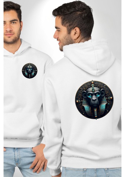 Aani Bilgelik ve Yazının Tanrısı Mısır Beyaz Kapüşonlu Sweatshirt Kadın Erkek Ön Minimal Sırt Baskılı