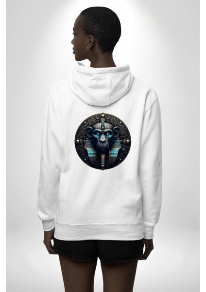 Aani Bilgelik ve Yazının Tanrısı Mısır Beyaz Kapüşonlu Sweatshirt Kadın Erkek Ön Minimal Sırt Baskılı modelleri