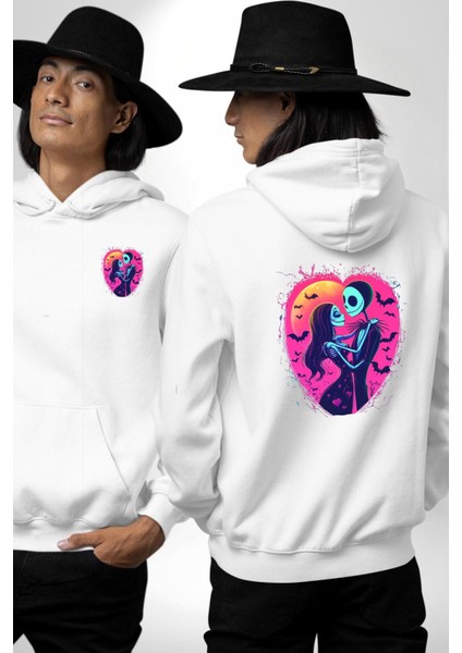 Korku ve Aşk Temalı Jack & Sally Sevgililer Günü Beyaz Kapüşonlu Sweatshirt Kadın Erkek Ön Minimal Sırt Baskılı