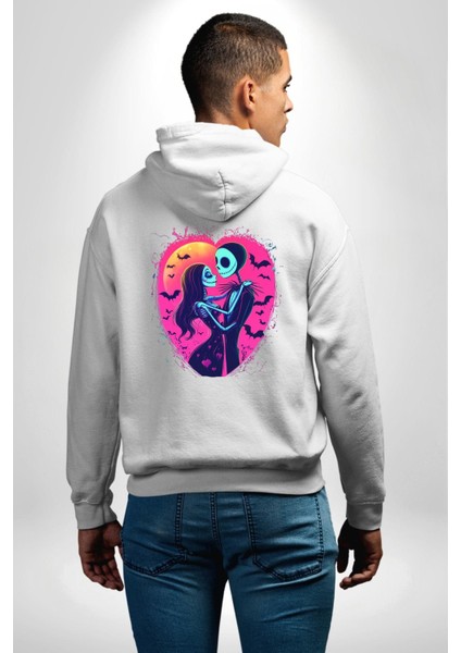 Korku ve Aşk Temalı Jack & Sally Sevgililer Günü Beyaz Kapüşonlu Sweatshirt Kadın Erkek Ön Minimal Sırt Baskılı modelleri