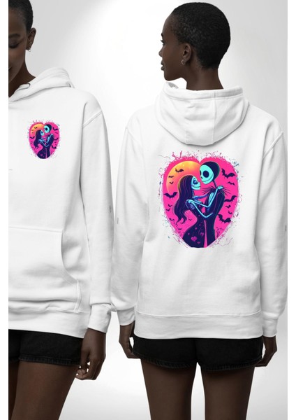 Korku ve Aşk Temalı Jack & Sally Sevgililer Günü Beyaz Kapüşonlu Sweatshirt Kadın Erkek Ön Minimal Sırt Baskılı fırsatları
