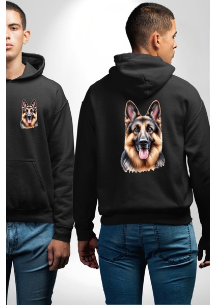 Efsane Alman Çoban Köpeği Aşk Köpek Dostu Siyah Kapüşonlu Sweatshirt Kadın Erkek Ön Minimal Sırt Baskılı