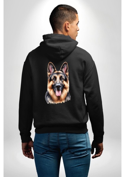 Efsane Alman Çoban Köpeği Aşk Köpek Dostu Siyah Kapüşonlu Sweatshirt Kadın Erkek Ön Minimal Sırt Baskılı modelleri