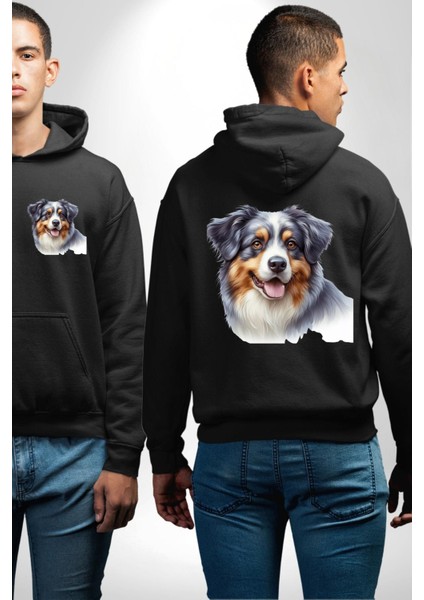 Zeki Australian Shepherd Köpek Tasarımı Siyah Kapüşonlu Sweatshirt Kadın Erkek Ön Minimal Sırt Baskılı