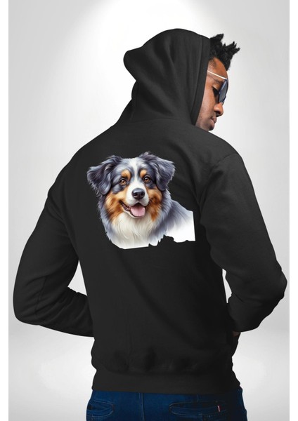 Zeki Australian Shepherd Köpek Tasarımı Siyah Kapüşonlu Sweatshirt Kadın Erkek Ön Minimal Sırt Baskılı modelleri