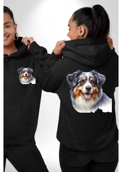 Zeki Australian Shepherd Köpek Tasarımı Siyah Kapüşonlu Sweatshirt Kadın Erkek Ön Minimal Sırt Baskılı fırsatları