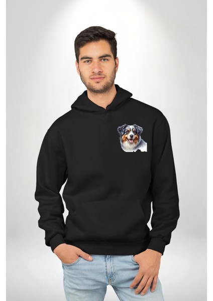 Zeki Australian Shepherd Köpek Tasarımı Siyah Kapüşonlu Sweatshirt Kadın Erkek Ön Minimal Sırt Baskılı indirimleri