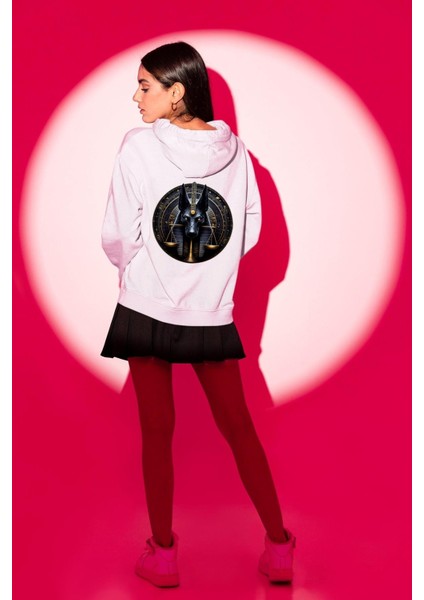 Anubis Ölüler Diyarı Koruyucusu Adalet Mısır Beyaz Kapüşonlu Sweatshirt Kadın Erkek Ön Minimal Sırt Baskılı modelleri
