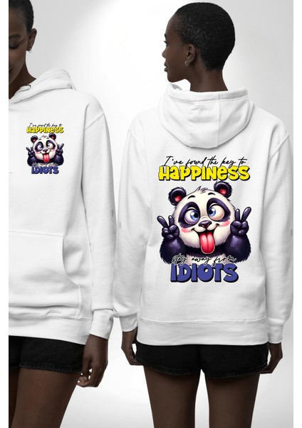Mutluluğun Anahtarını Buldum Panda Komik Tasarım Beyaz Kapüşonlu Sweatshirt Kadın Erkek Ön Minimal Sırt Baskılı