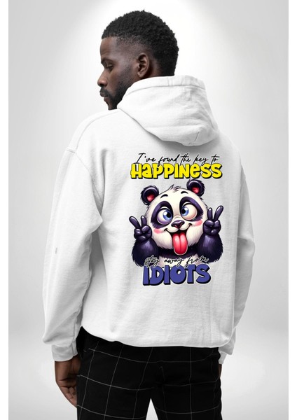 Mutluluğun Anahtarını Buldum Panda Komik Tasarım Beyaz Kapüşonlu Sweatshirt Kadın Erkek Ön Minimal Sırt Baskılı modelleri