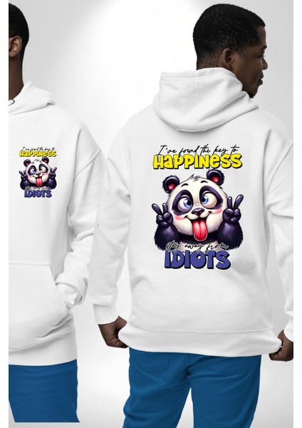 Mutluluğun Anahtarını Buldum Panda Komik Tasarım Beyaz Kapüşonlu Sweatshirt Kadın Erkek Ön Minimal Sırt Baskılı fırsatları