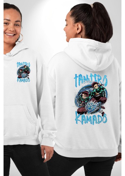 Demon Slayer Tanjiro Su Nefesi Dövüşü Anime Beyaz Kapüşonlu Sweatshirt Kadın Erkek Ön Minimal Sırt Baskılı