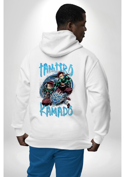 Demon Slayer Tanjiro Su Nefesi Dövüşü Anime Beyaz Kapüşonlu Sweatshirt Kadın Erkek Ön Minimal Sırt Baskılı modelleri
