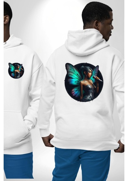 Parlak Elbiseli Kelebek Kanatlı Kadın Beyaz Kapüşonlu Sweatshirt Kadın Erkek Ön Minimal Sırt Baskılı