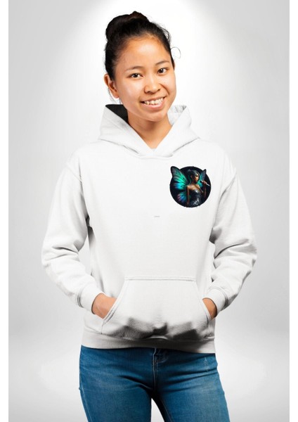 Parlak Elbiseli Kelebek Kanatlı Kadın Beyaz Kapüşonlu Sweatshirt Kadın Erkek Ön Minimal Sırt Baskılı fiyatları