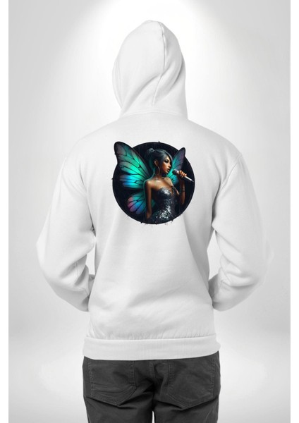 Parlak Elbiseli Kelebek Kanatlı Kadın Beyaz Kapüşonlu Sweatshirt Kadın Erkek Ön Minimal Sırt Baskılı modelleri