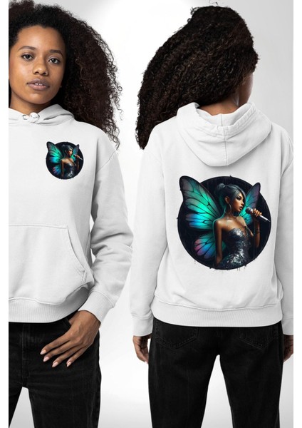 Parlak Elbiseli Kelebek Kanatlı Kadın Beyaz Kapüşonlu Sweatshirt Kadın Erkek Ön Minimal Sırt Baskılı fırsatları