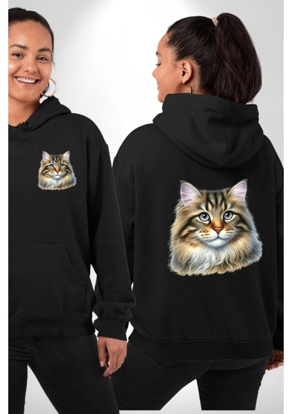 Sibirya Kedi Tasarımı Siyah Kapüşonlu Sweatshirt Kadın Erkek Ön Minimal Sırt Baskılı