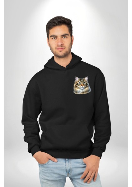Sibirya Kedi Tasarımı Siyah Kapüşonlu Sweatshirt Kadın Erkek Ön Minimal Sırt Baskılı fiyatları