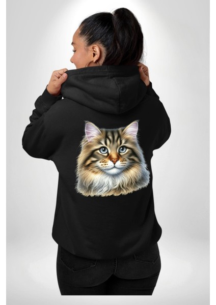 Sibirya Kedi Tasarımı Siyah Kapüşonlu Sweatshirt Kadın Erkek Ön Minimal Sırt Baskılı modelleri