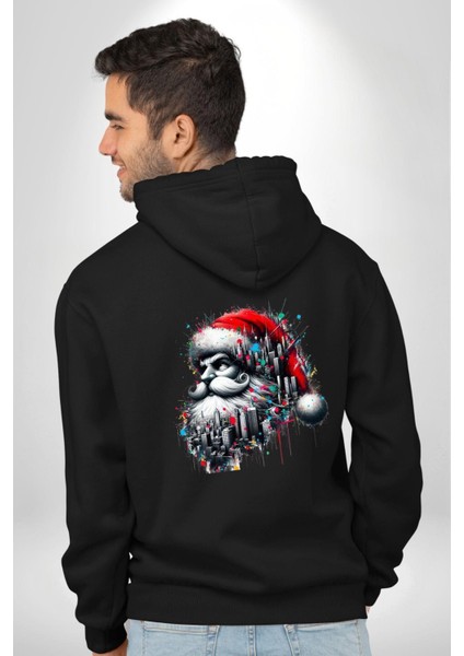 Sokakta Noel Baba Siyah Kapüşonlu Sweatshirt Kadın Erkek Ön Minimal Sırt Baskılı modelleri