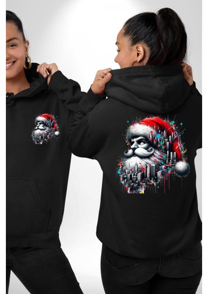 Sokakta Noel Baba Siyah Kapüşonlu Sweatshirt Kadın Erkek Ön Minimal Sırt Baskılı fırsatları