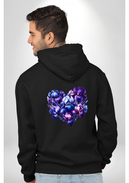 Süsen Çiçeği Mor Siyah Tonları Zarafet Siyah Kapüşonlu Sweatshirt Kadın Erkek Ön Minimal Sırt Baskılı modelleri