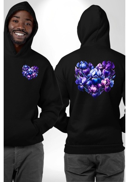 Süsen Çiçeği Mor Siyah Tonları Zarafet Siyah Kapüşonlu Sweatshirt Kadın Erkek Ön Minimal Sırt Baskılı fırsatları