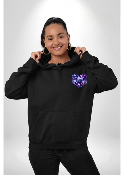 Süsen Çiçeği Mor Siyah Tonları Zarafet Siyah Kapüşonlu Sweatshirt Kadın Erkek Ön Minimal Sırt Baskılı indirimleri