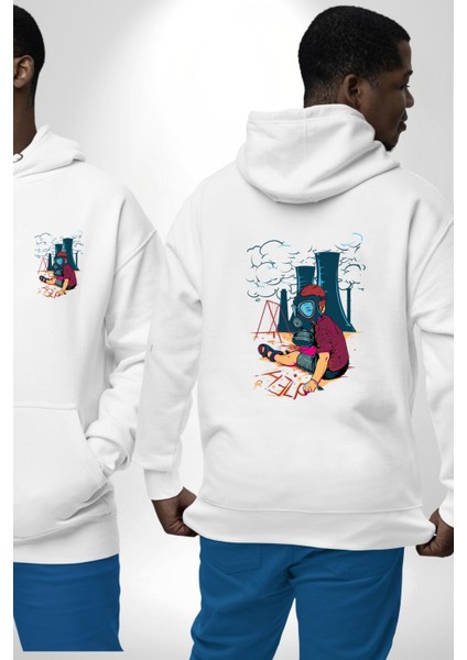 Çevreçi Hava Kirliliği Küresel Isınma Beyaz Kapüşonlu Sweatshirt Kadın Erkek Ön Minimal Sırt Baskılı
