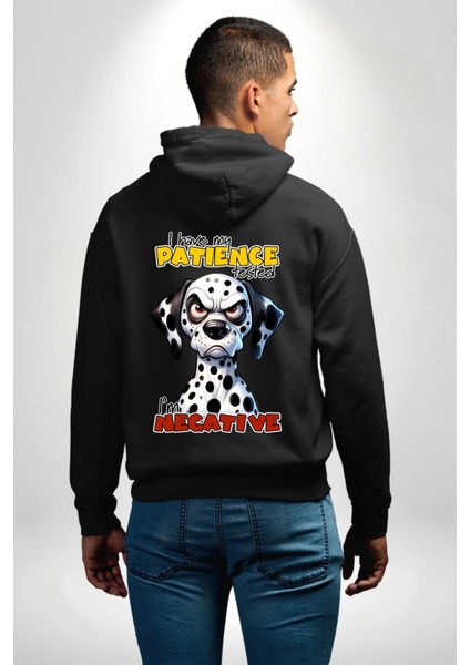 Sinirli Dalmaçyalı Köpek Test Edilen Sabır Siyah Kapüşonlu Sweatshirt Kadın Erkek Ön Minimal Sırt Baskılı modelleri