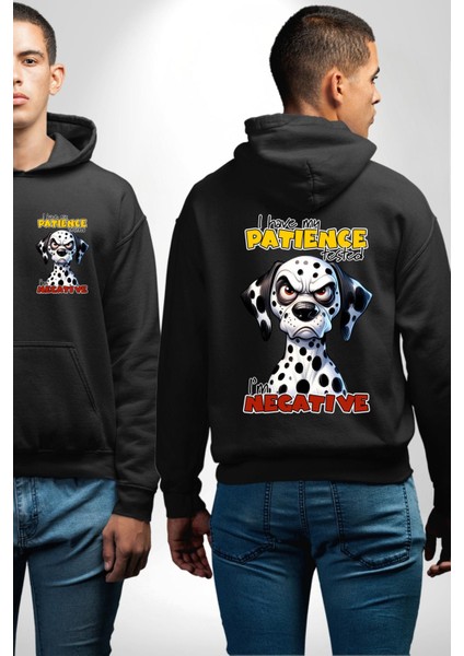 Sinirli Dalmaçyalı Köpek Test Edilen Sabır Siyah Kapüşonlu Sweatshirt Kadın Erkek Ön Minimal Sırt Baskılı fırsatları