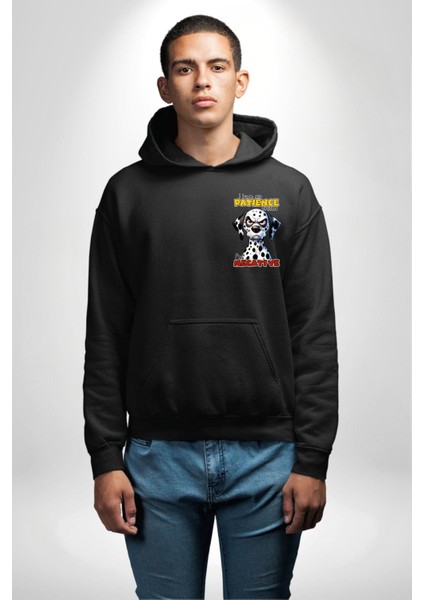Sinirli Dalmaçyalı Köpek Test Edilen Sabır Siyah Kapüşonlu Sweatshirt Kadın Erkek Ön Minimal Sırt Baskılı indirimleri