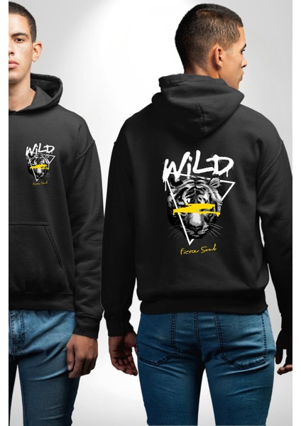 Vahşi Ruh Baskılı Güçlü ve Yaratıcı Tasarım Siyah Kapüşonlu Sweatshirt Kadın Erkek Ön Minimal Sırt Baskılı