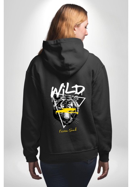 Vahşi Ruh Baskılı Güçlü ve Yaratıcı Tasarım Siyah Kapüşonlu Sweatshirt Kadın Erkek Ön Minimal Sırt Baskılı indirimleri