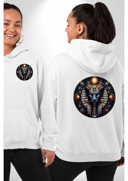 Mavi Aslan Tefnut Nem ve Su Elementi Mısır Beyaz Kapüşonlu Sweatshirt Kadın Erkek Ön Minimal Sırt Baskılı fırsatları