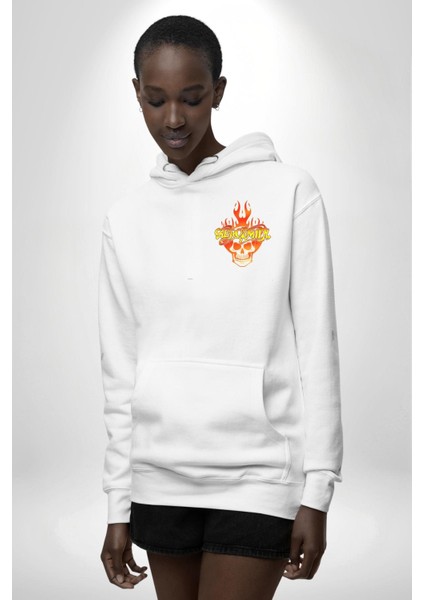 Aerosmith Fire Skull Beyaz Kapüşonlu Sweatshirt Kadın Erkek Ön Minimal Sırt Baskılı fiyatları