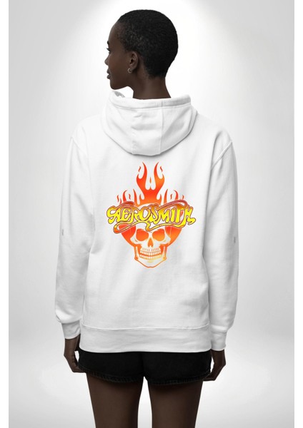 Aerosmith Fire Skull Beyaz Kapüşonlu Sweatshirt Kadın Erkek Ön Minimal Sırt Baskılı modelleri