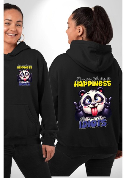 Mutluluğun Anahtarını Buldum Panda Komik Tasarım Siyah Kapüşonlu Sweatshirt Kadın Erkek Ön Minimal Sırt Baskılı fiyatları