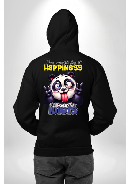 Mutluluğun Anahtarını Buldum Panda Komik Tasarım Siyah Kapüşonlu Sweatshirt Kadın Erkek Ön Minimal Sırt Baskılı indirimleri