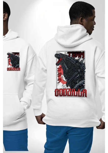 Team Godzilla Anime Efsanevi Canavar Anime Beyaz Kapüşonlu Sweatshirt Kadın Erkek Ön Minimal Sırt Baskılı