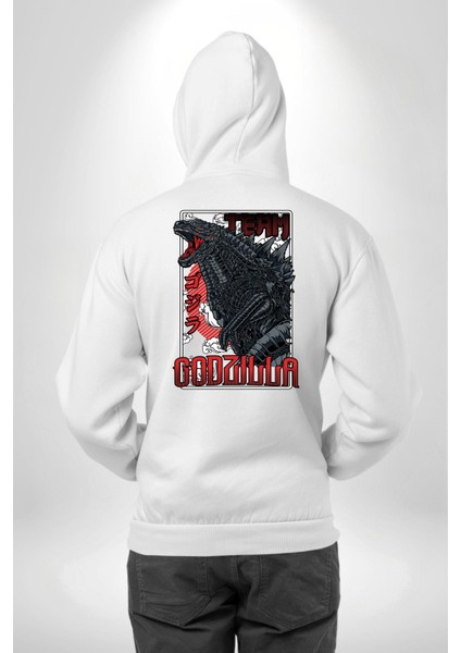 Team Godzilla Anime Efsanevi Canavar Anime Beyaz Kapüşonlu Sweatshirt Kadın Erkek Ön Minimal Sırt Baskılı modelleri